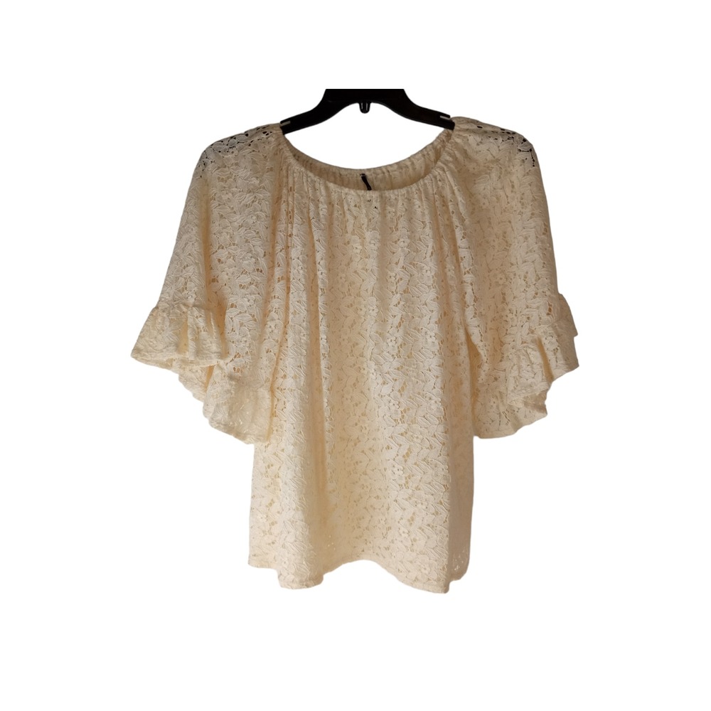 Emma Rose Womens Top Cream Floral Lace Flounce Sleeve Round Neck Pullover Small